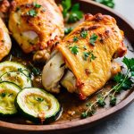 Plate of baked chicken thighs seasoned with herbs, served alongside roasted zucchini slices, garnished with fresh parsley on a rustic wooden table.