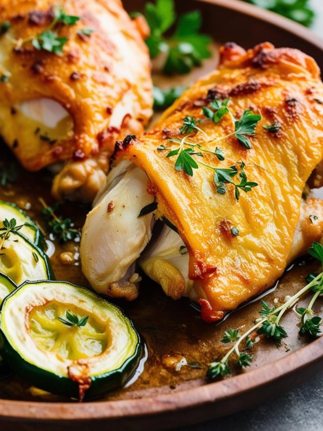 Plate of baked chicken thighs seasoned with herbs, served alongside roasted zucchini slices, garnished with fresh parsley on a rustic wooden table.