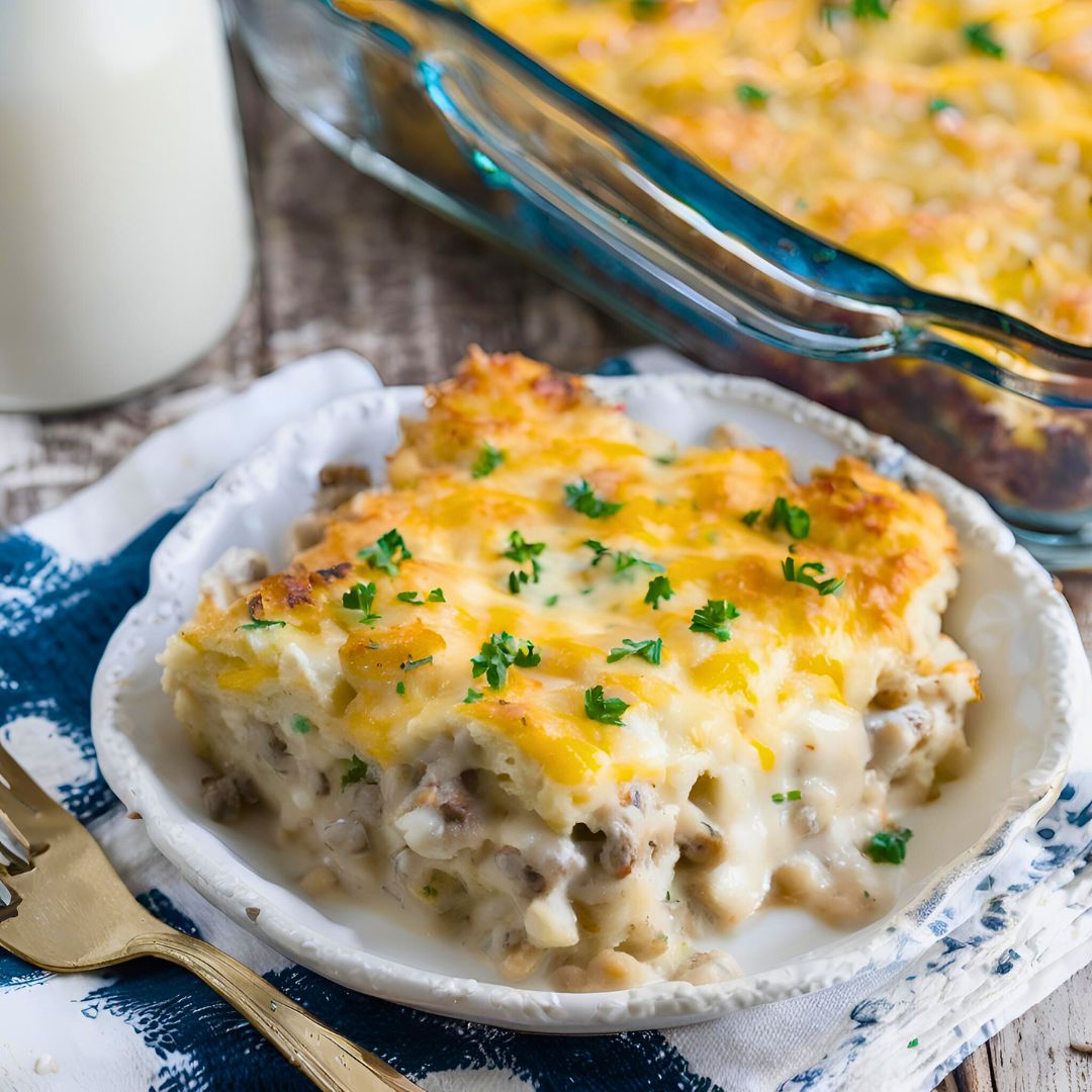 Close-up of a golden-brown breakfast casserole made with layers of biscuits, creamy sausage gravy, and crispy hashbrowns, topped with melted cheese.