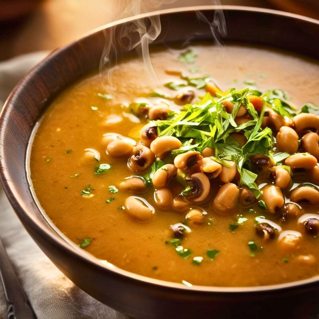 A steaming bowl of black-eyed pea soup garnished with fresh parsley, served with crusty bread on the side.