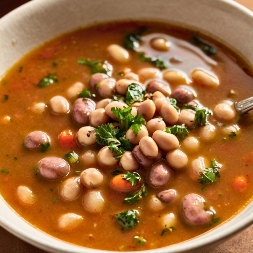 Close-up of a hearty black-eyed pea soup with chunks of vegetables in a rich, flavorful broth.