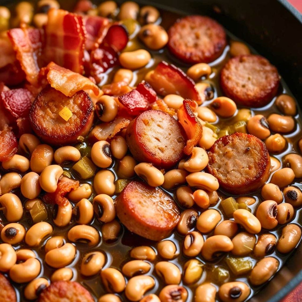 A hearty bowl of black-eyed peas simmered with crispy bacon pieces and savory sausage slices, garnished with fresh herbs.