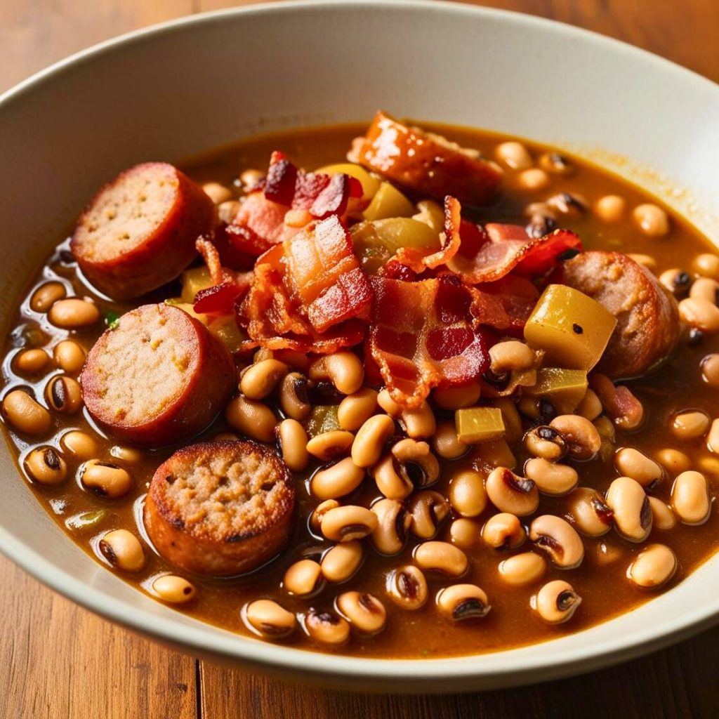 Close-up of a flavorful black-eyed pea stew, featuring chunks of sausage, smoky bacon, and a touch of seasoning.