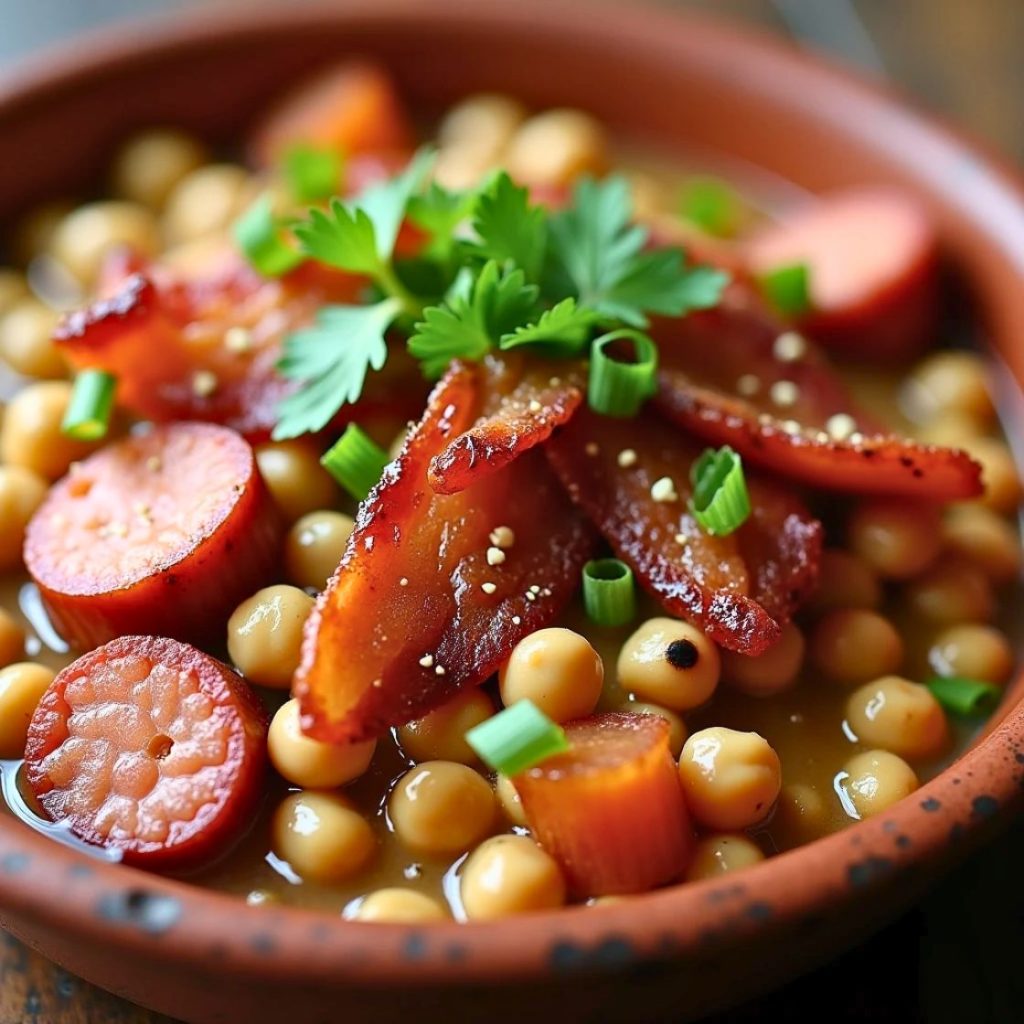 A comforting dish of black-eyed peas cooked with golden-brown bacon and sausage, served hot and ready to enjoy.