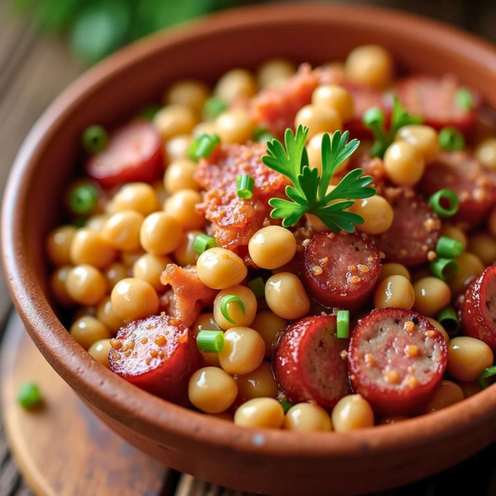 Rustic-style black-eyed peas with crumbled bacon and juicy sausage, plated with a sprinkle of fresh parsley.