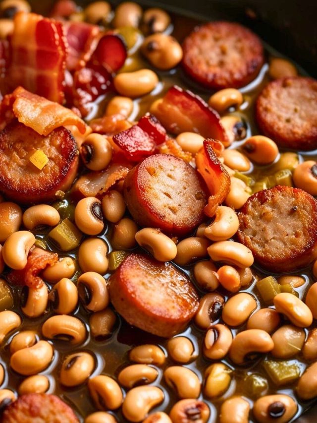 A hearty bowl of black-eyed peas simmered with crispy bacon pieces and savory sausage slices, garnished with fresh herbs.