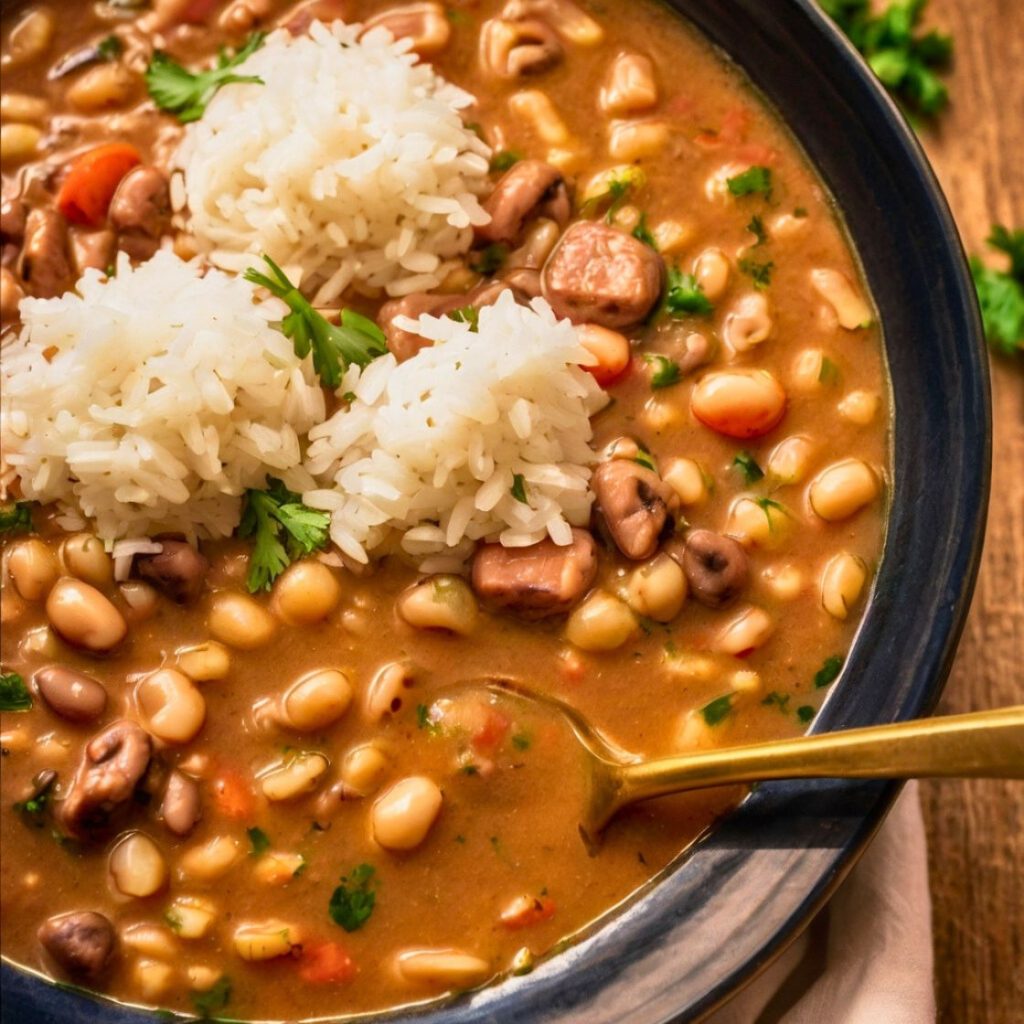 A rustic presentation of creamy black-eyed peas served in a ceramic bowl, paired with a wooden spoon.