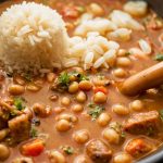 A close-up of a bowl filled with creamy black-eyed peas, garnished with fresh herbs, served alongside a slice of cornbread.