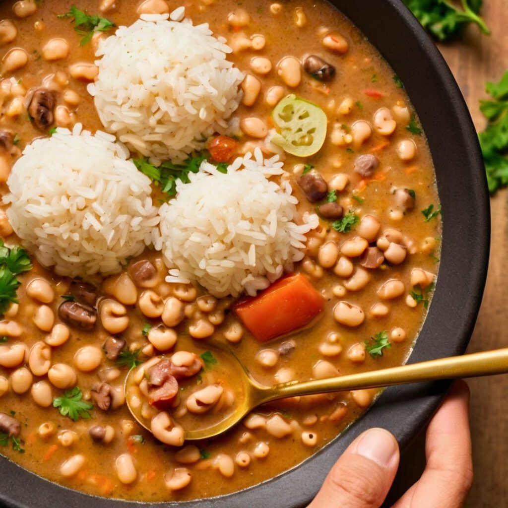 A comforting Southern dish featuring creamy black-eyed peas in a rich, savory broth, surrounded by traditional sides.