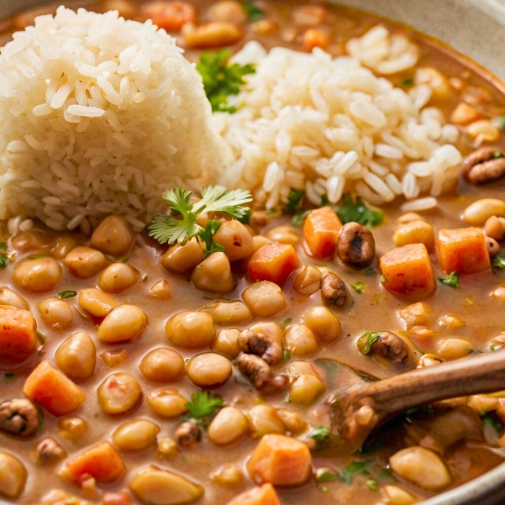 Warm and hearty black-eyed peas in a creamy sauce, topped with a sprinkle of fresh parsley for garnish.