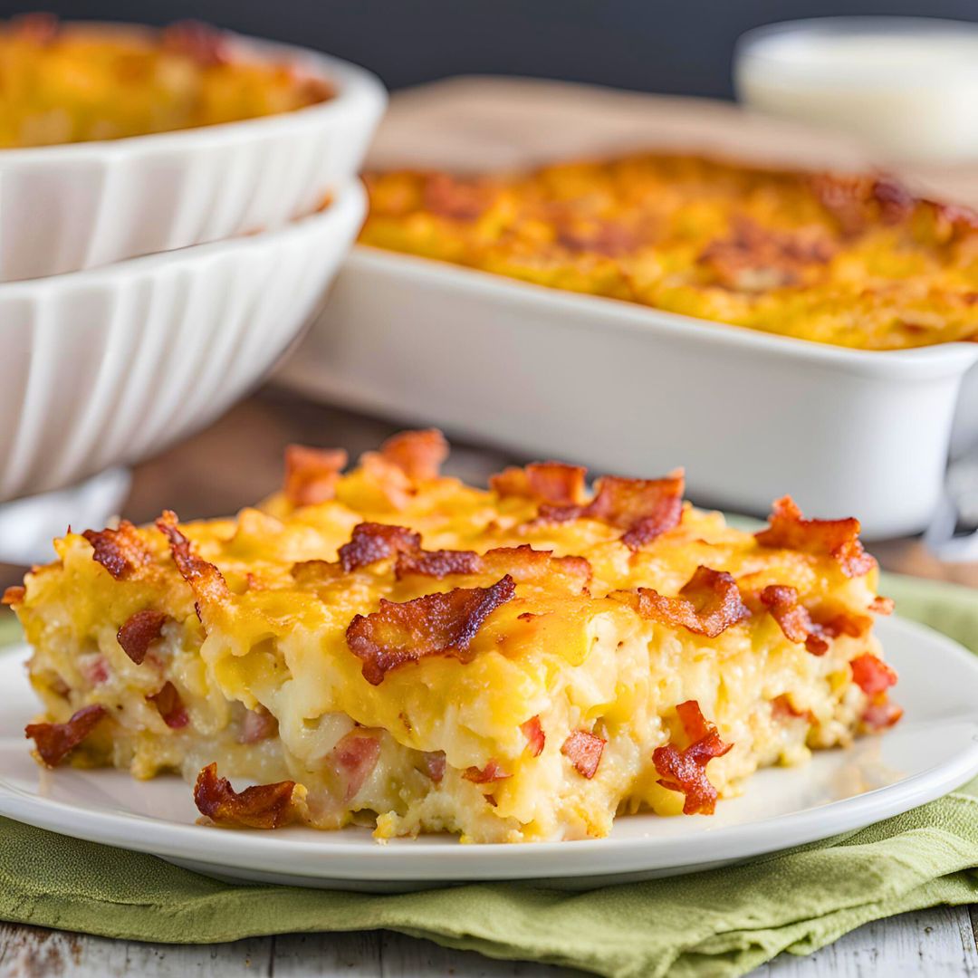 A hearty bacon, egg, and hashbrown casserole fresh out of the oven, topped with melted cheese and crispy edges.