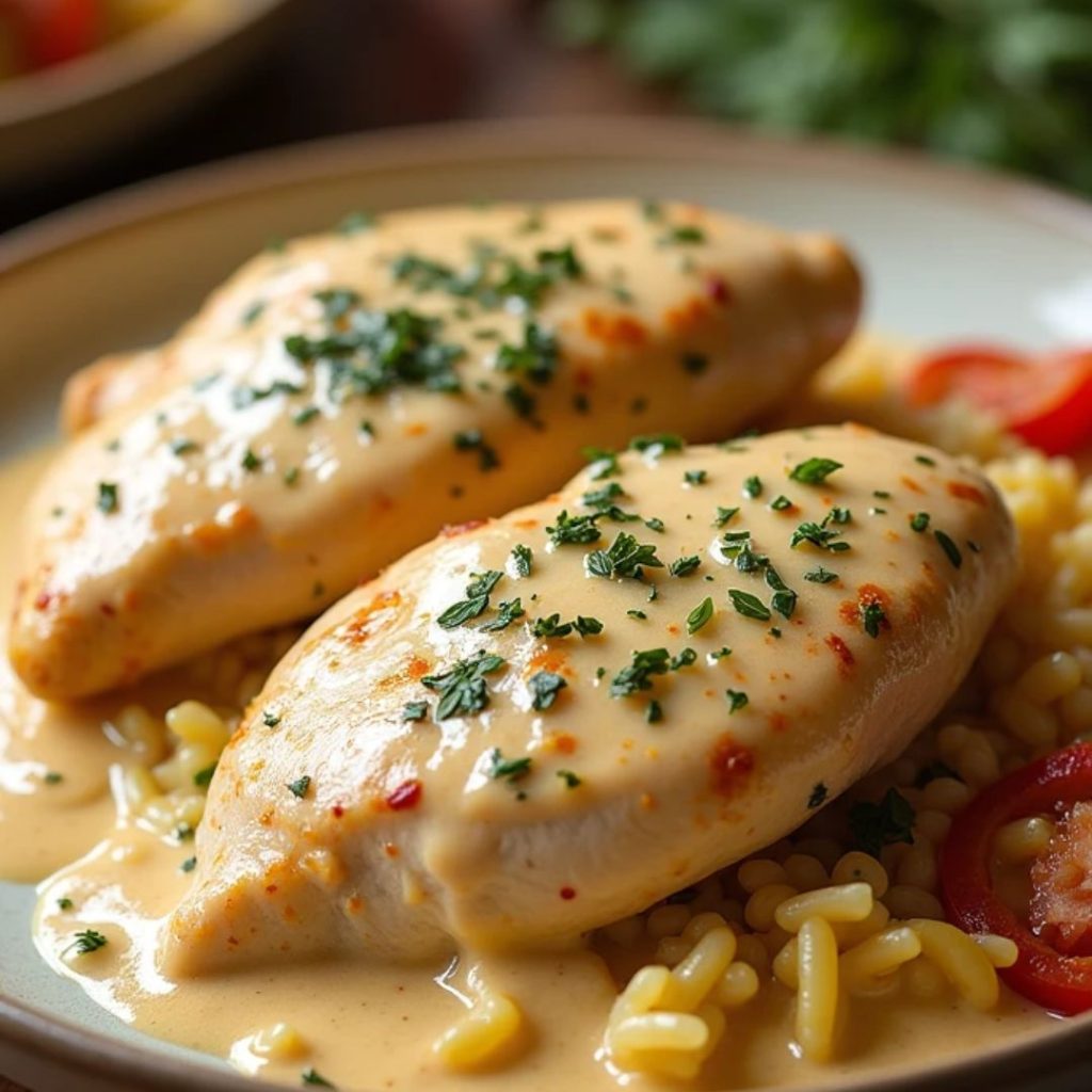 close-up of a creamy chicken pasta dish garnished with fresh parsley, served in a white bowl.