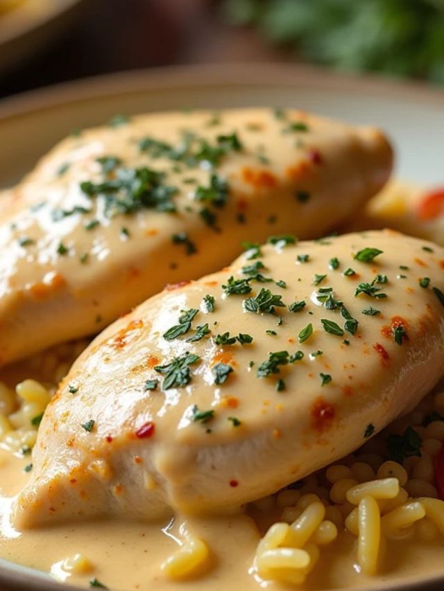 close-up of a creamy chicken pasta dish garnished with fresh parsley, served in a white bowl.