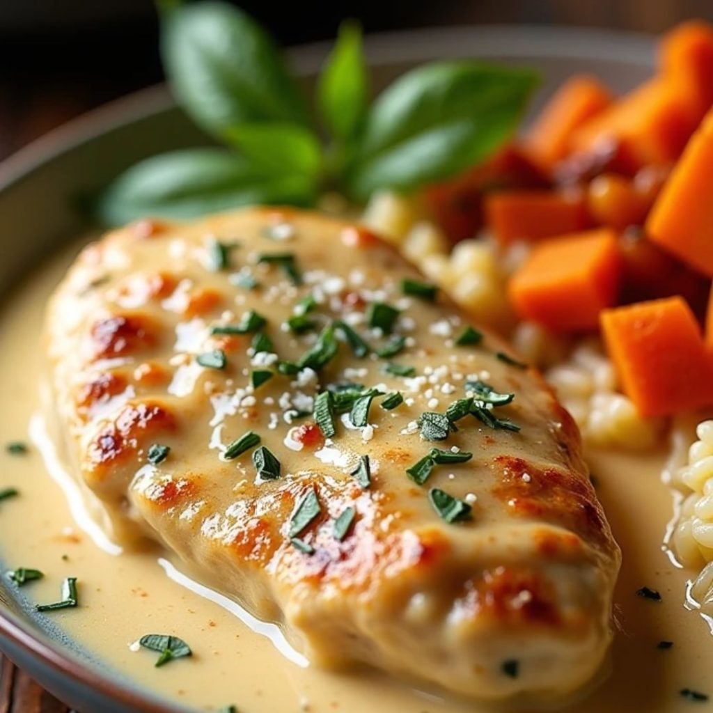 Golden-brown chicken breasts smothered in a creamy garlic sauce, served with roasted vegetables on a plate.