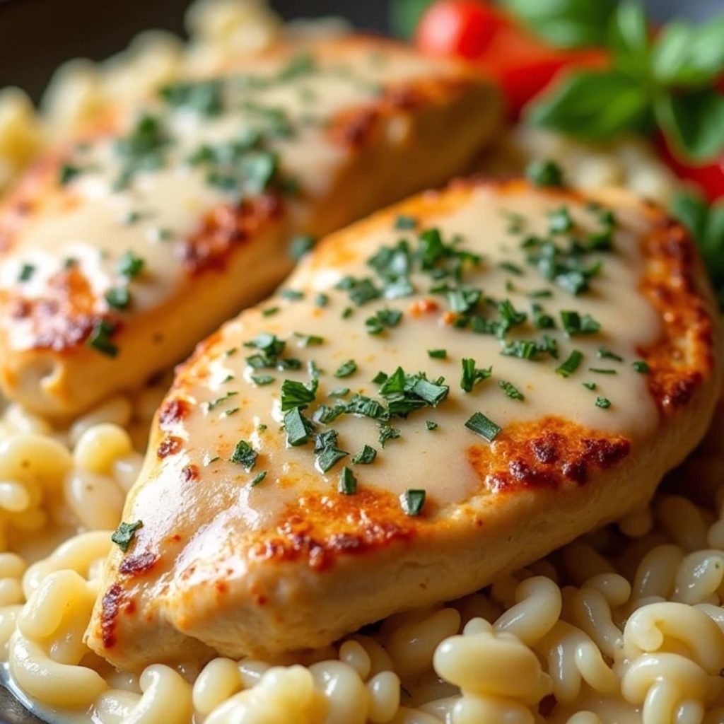 Creamy chicken casserole with melted cheese and herbs, fresh out of the oven in a glass baking dish.