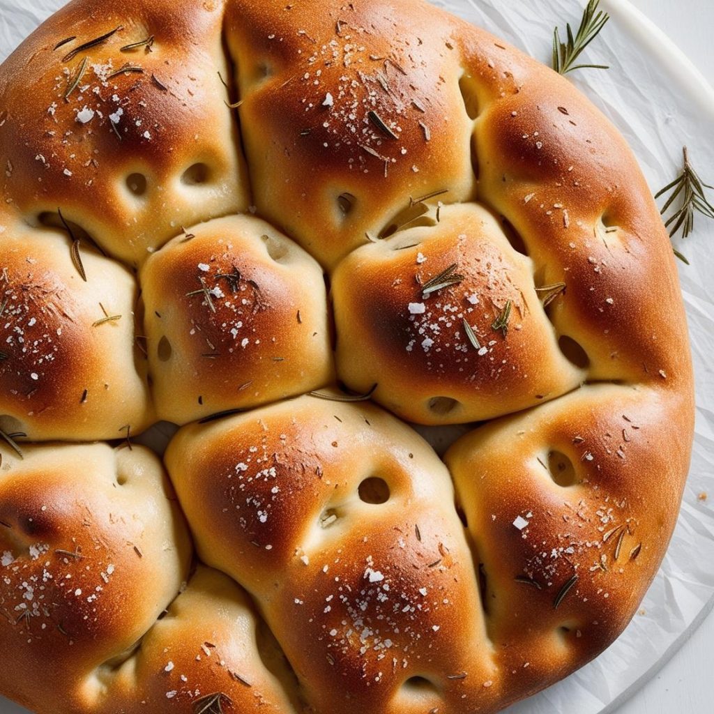 Golden-brown focaccia bread topped with rosemary and sea salt, freshly baked on a wooden cutting board.