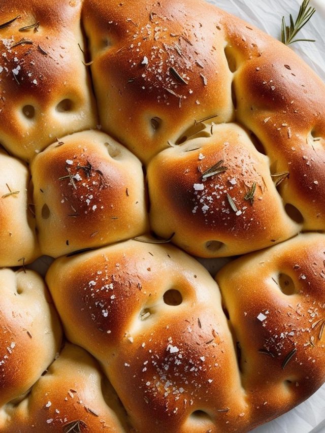 Golden-brown focaccia bread topped with rosemary and sea salt, freshly baked on a wooden cutting board.