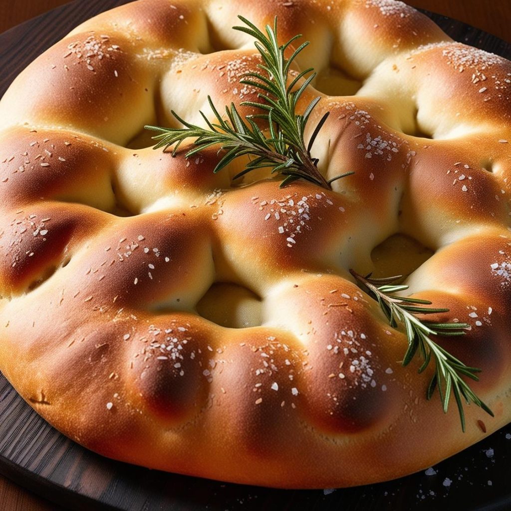 Golden-brown focaccia bread topped with rosemary and sea salt, freshly baked on a wooden cutting board.