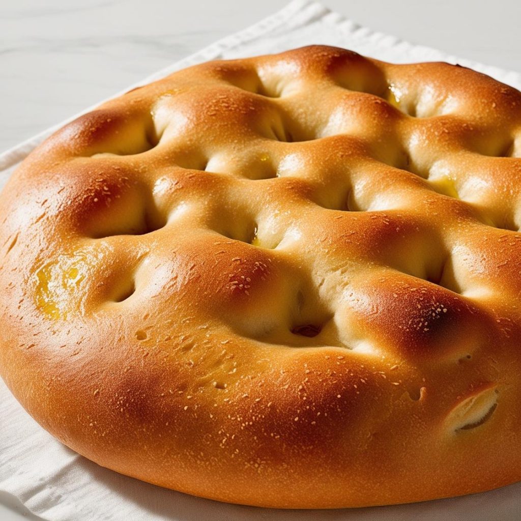 Golden-brown focaccia bread topped with rosemary and sea salt, freshly baked on a wooden cutting board.