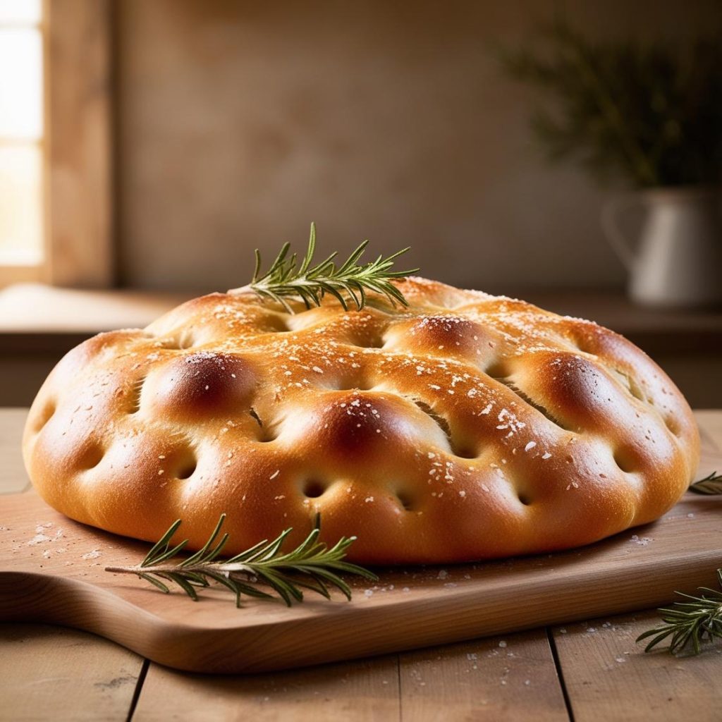 Golden-brown focaccia bread topped with rosemary and sea salt, freshly baked on a wooden cutting board.