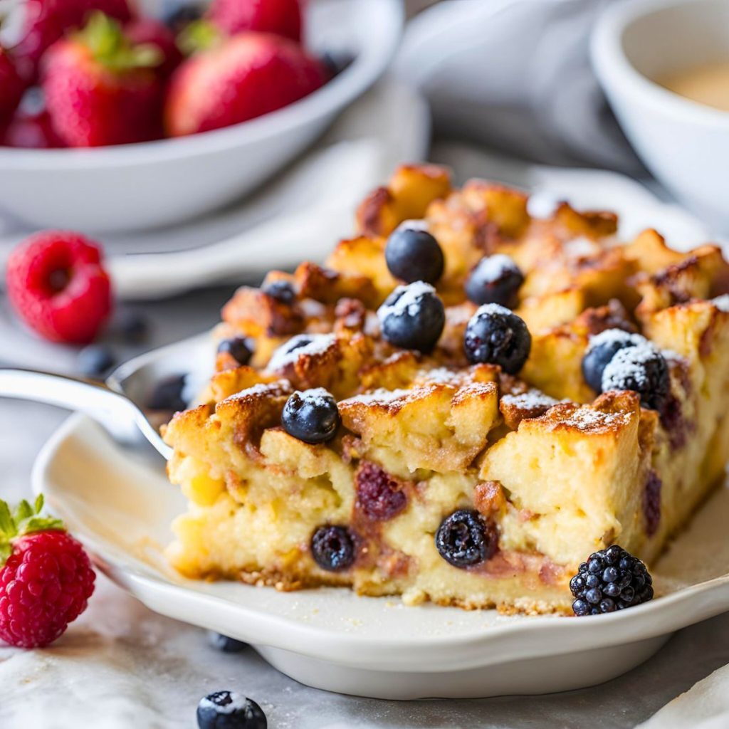 Close-up of fluffy, baked French toast casserole with a crispy top and soft interior, garnished with maple syrup.