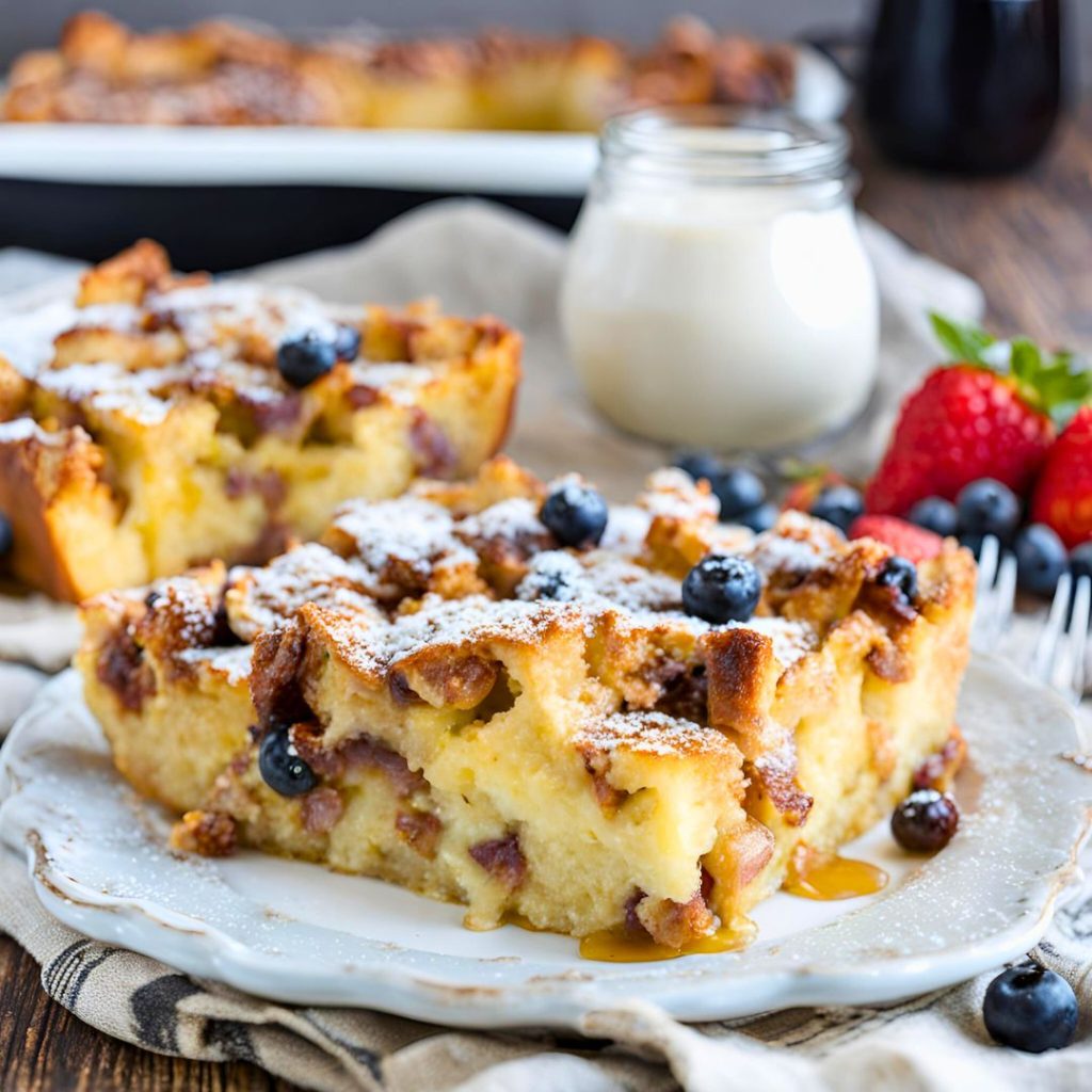 Warm French toast casserole decorated with a drizzle of syrup, fresh strawberries, and a dusting of powdered sugar.