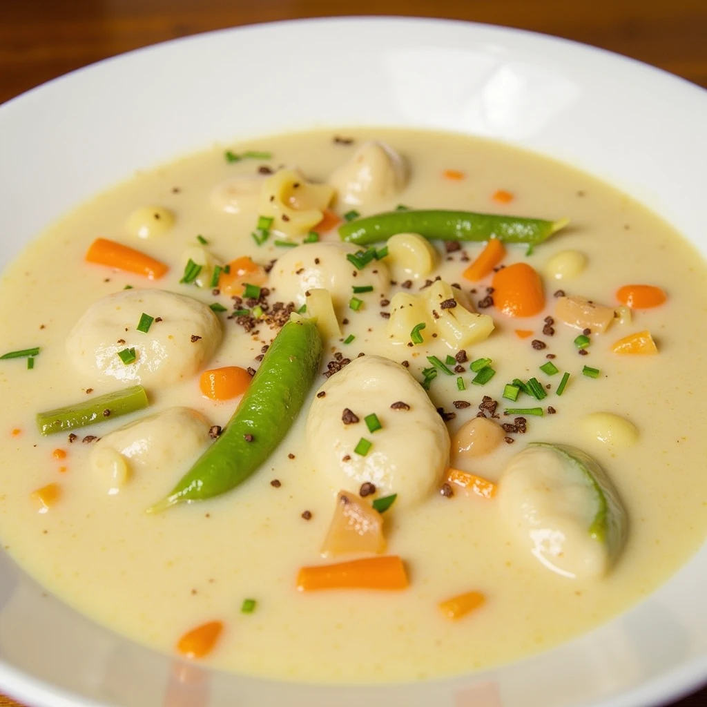 A warm bowl of Olive Garden-inspired chicken gnocchi soup, filled with tender chicken, soft gnocchi, fresh spinach, and a creamy broth.