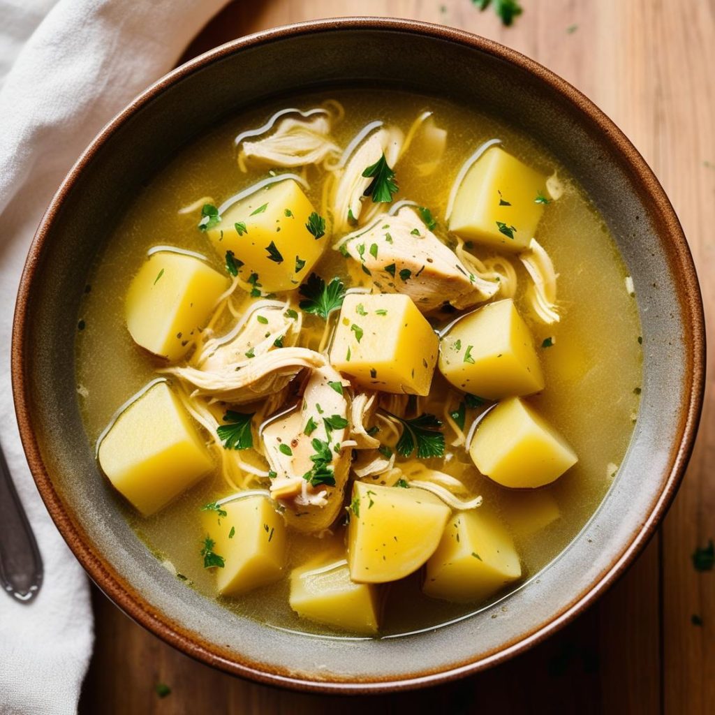 A warm bowl of homemade chicken potato soup filled with tender chicken, diced potatoes, and colorful vegetables in a creamy, flavorful broth.