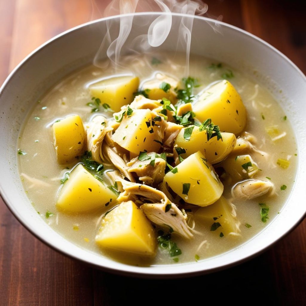 A warm bowl of homemade chicken potato soup filled with tender chicken, diced potatoes, and colorful vegetables in a creamy, flavorful broth.