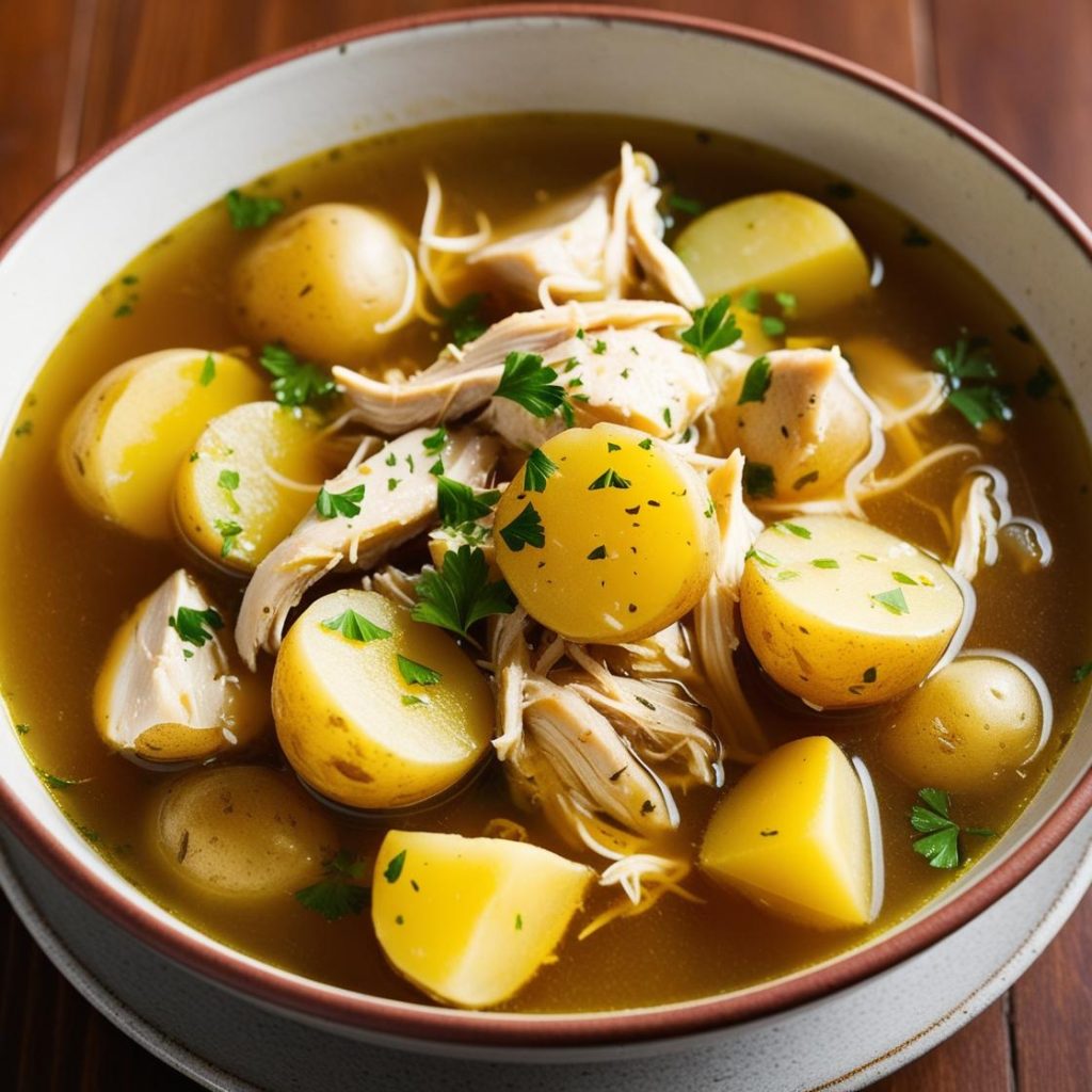 A warm bowl of homemade chicken potato soup filled with tender chicken, diced potatoes, and colorful vegetables in a creamy, flavorful broth.