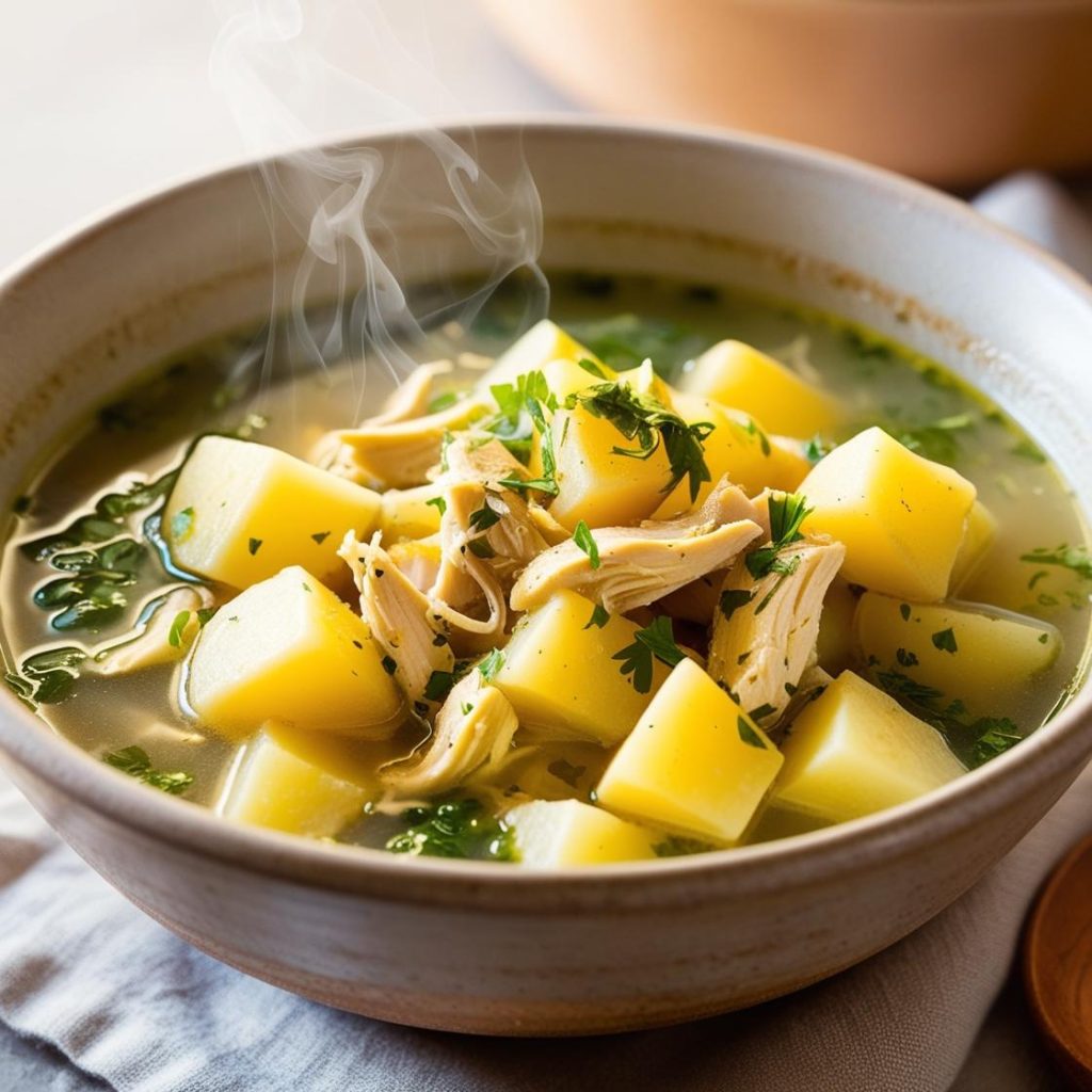 A warm bowl of homemade chicken potato soup filled with tender chicken, diced potatoes, and colorful vegetables in a creamy, flavorful broth.