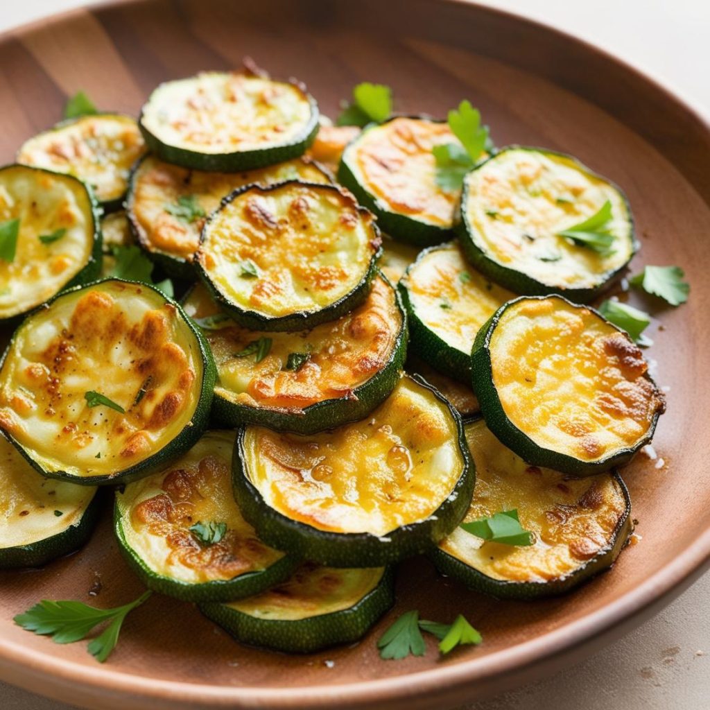 Golden brown zucchini slices pan-fried to crispy perfection, arranged on a white plate and garnished with fresh herbs. The zucchini slices have a crunchy exterior and tender interior, served as a delicious and simple appetizer or side dish.