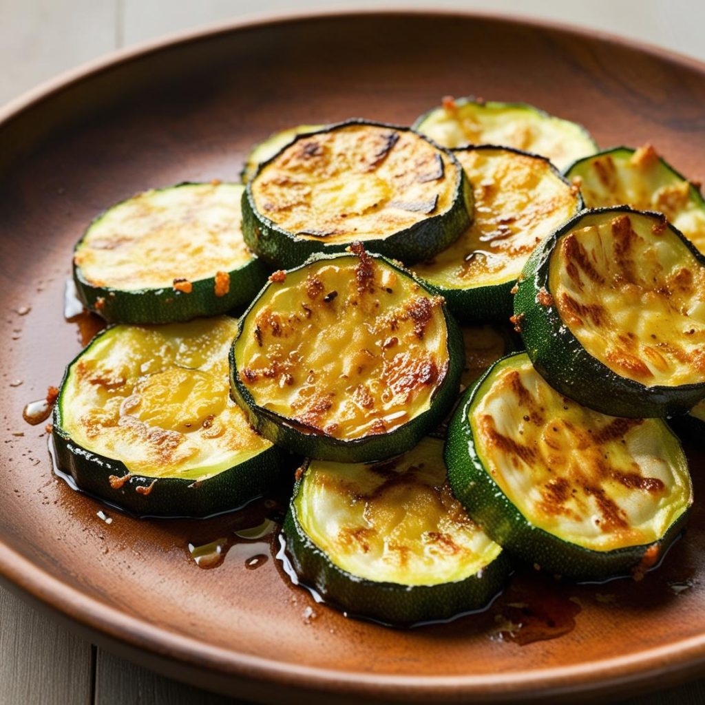 Golden brown zucchini slices pan-fried to crispy perfection, arranged on a white plate and garnished with fresh herbs. The zucchini slices have a crunchy exterior and tender interior, served as a delicious and simple appetizer or side dish.