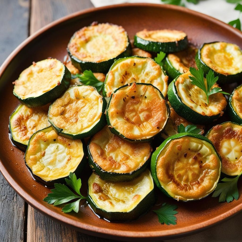 Golden brown zucchini slices pan-fried to crispy perfection, arranged on a white plate and garnished with fresh herbs. The zucchini slices have a crunchy exterior and tender interior, served as a delicious and simple appetizer or side dish.