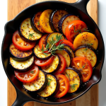 Colorful homemade French ratatouille served in a rustic pan, featuring a medley of thinly sliced zucchini, eggplant, tomatoes, and bell peppers, beautifully arranged in a spiral and garnished with fresh herbs."