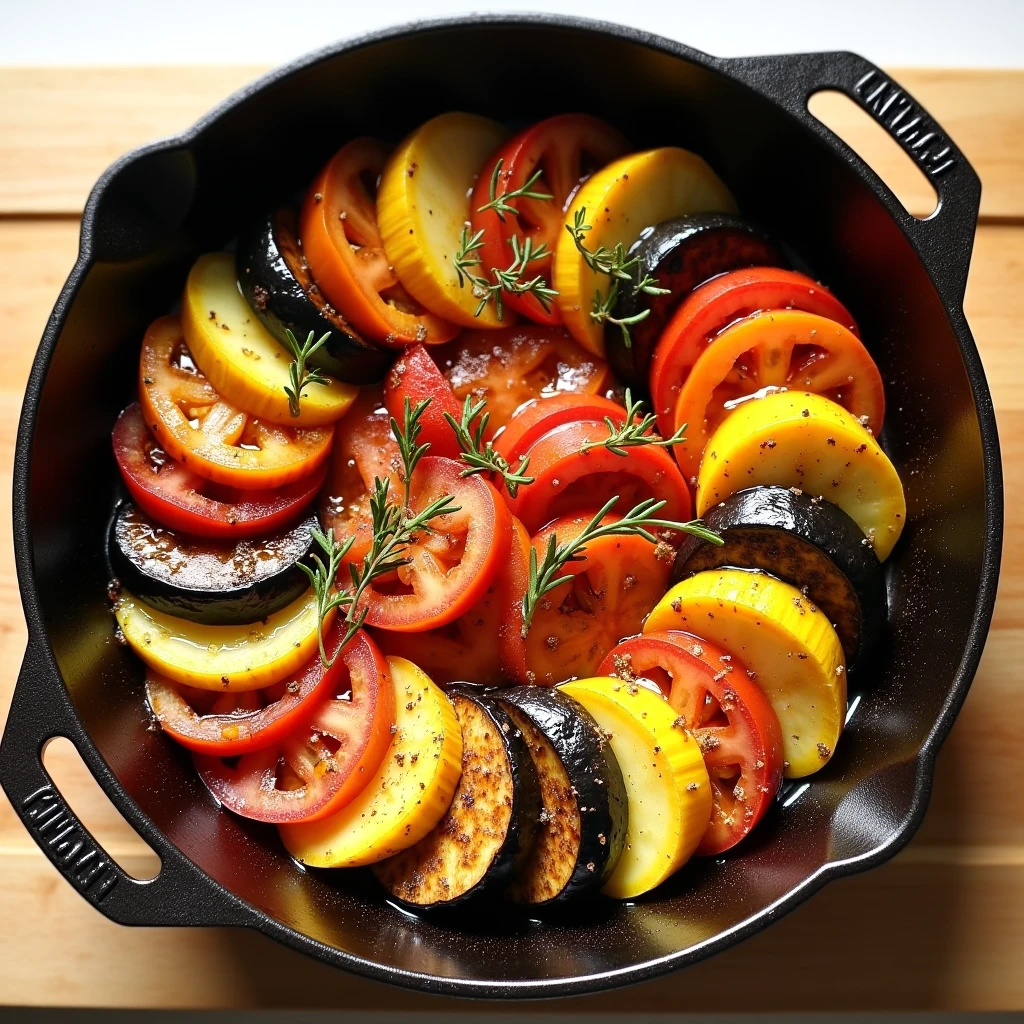 Colorful homemade French ratatouille served in a rustic pan, featuring a medley of thinly sliced zucchini, eggplant, tomatoes, and bell peppers, beautifully arranged in a spiral and garnished with fresh herbs."