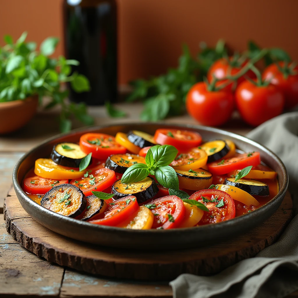 Colorful homemade French ratatouille served in a rustic pan, featuring a medley of thinly sliced zucchini, eggplant, tomatoes, and bell peppers, beautifully arranged in a spiral and garnished with fresh herbs."