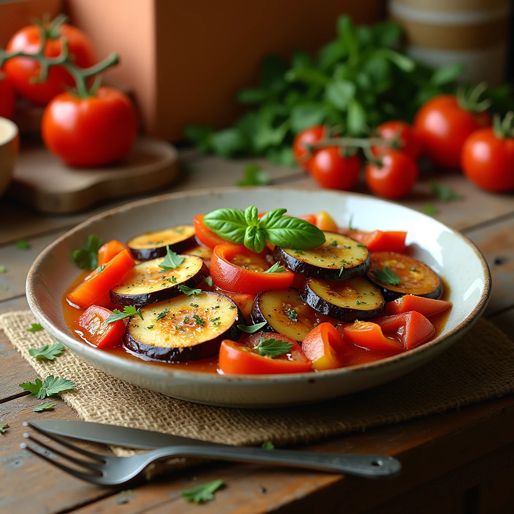 Colorfull homemade French ratatouille served in a rustic pan, featuring a medley of thinly sliced zucchini, eggplant, tomatoes, and bell peppers, beautifully arranged in a spiral and garnished with fresh herbs.