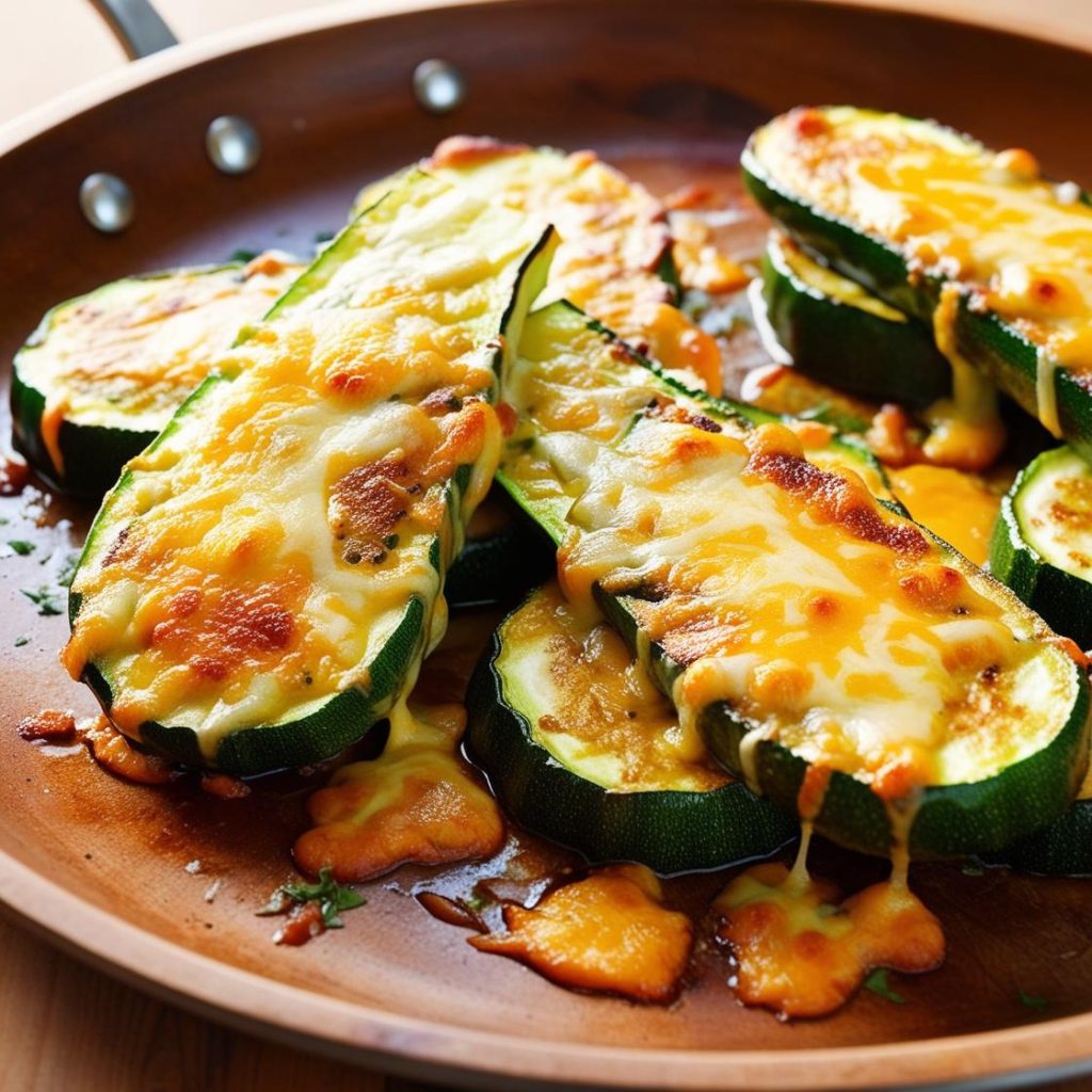 Homemade tender cheesy zucchini steaks, featuring thick slices of zucchini topped with melted golden-brown cheese, garnished with fresh herbs, and served on a rustic wooden plate