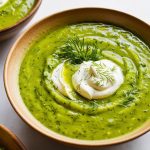 Homemade zucchini soup served in a bowl, garnished with fresh herbs. The soup has a creamy texture and vibrant green color, surrounded by ingredients like zucchini, garlic, and spices, showcasing its wholesome and fresh preparation.