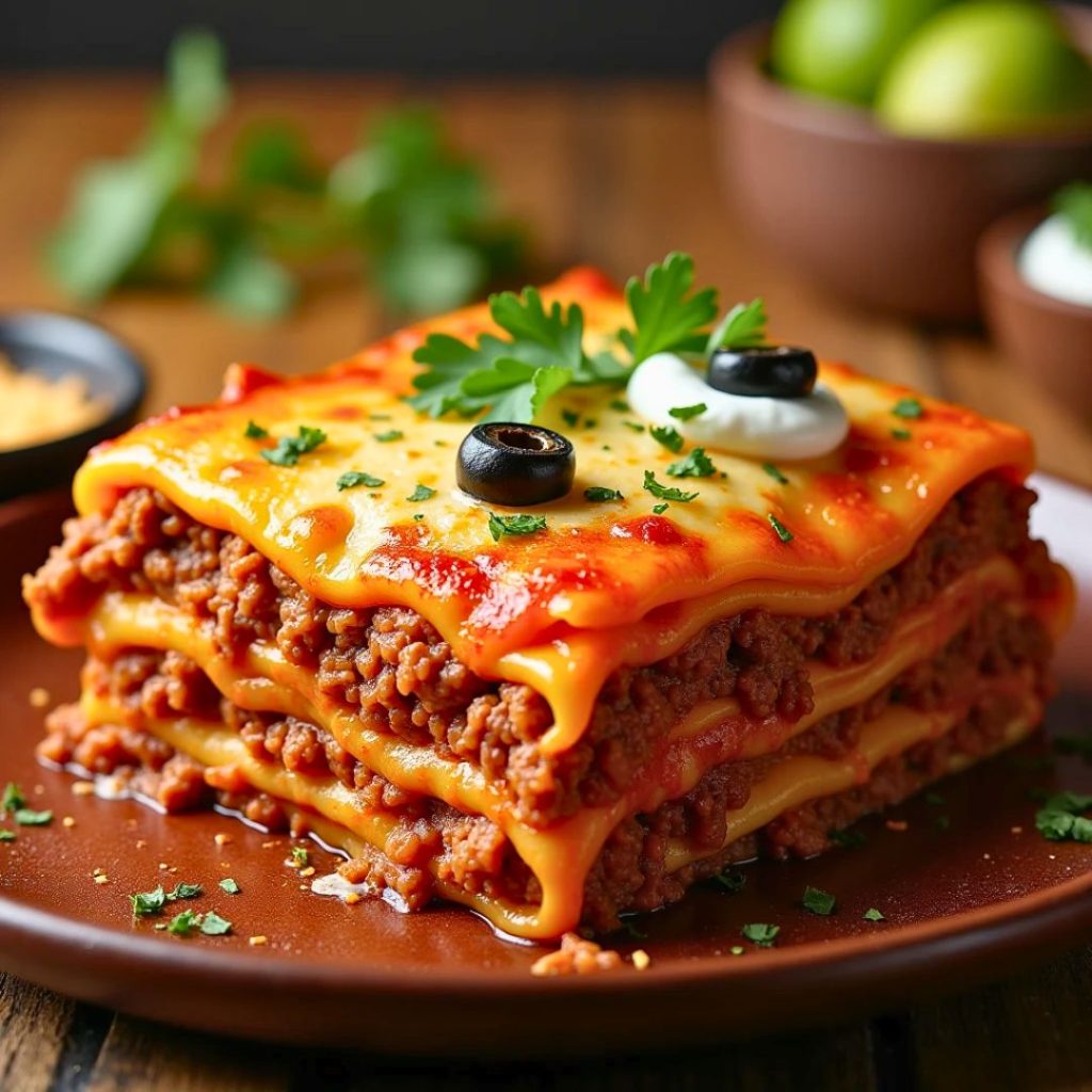 An appetizing dish of Mexican lasagna, showcasing vibrant layers of tortillas, seasoned ground meat, melted cheese, beans, and colorful toppings like diced tomatoes, cilantro, and sliced jalapeños—a flavorful fusion of Mexican cuisine classics.