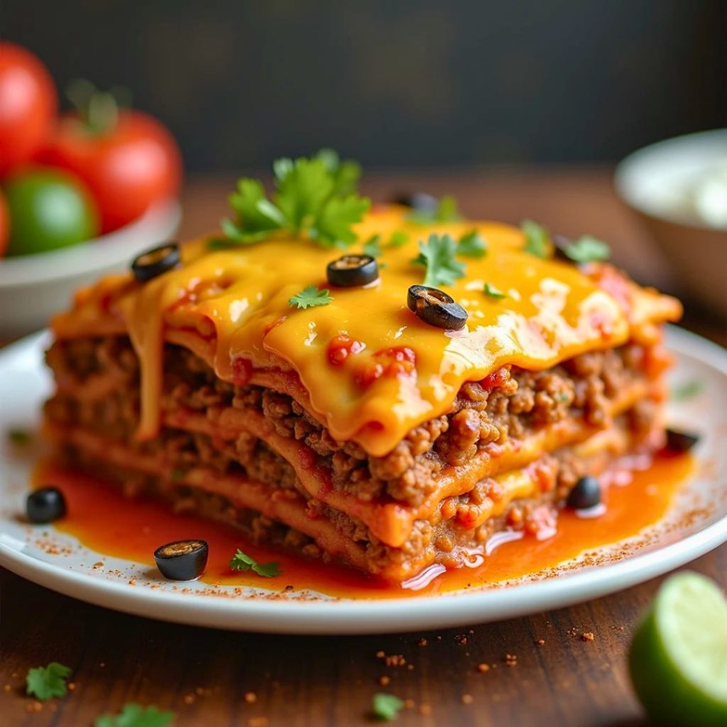 An appetizing dish of Mexican lasagna, showcasing vibrant layers of tortillas, seasoned ground meat, melted cheese, beans, and colorful toppings like diced tomatoes, cilantro, and sliced jalapeños—a flavorful fusion of Mexican cuisine classics.