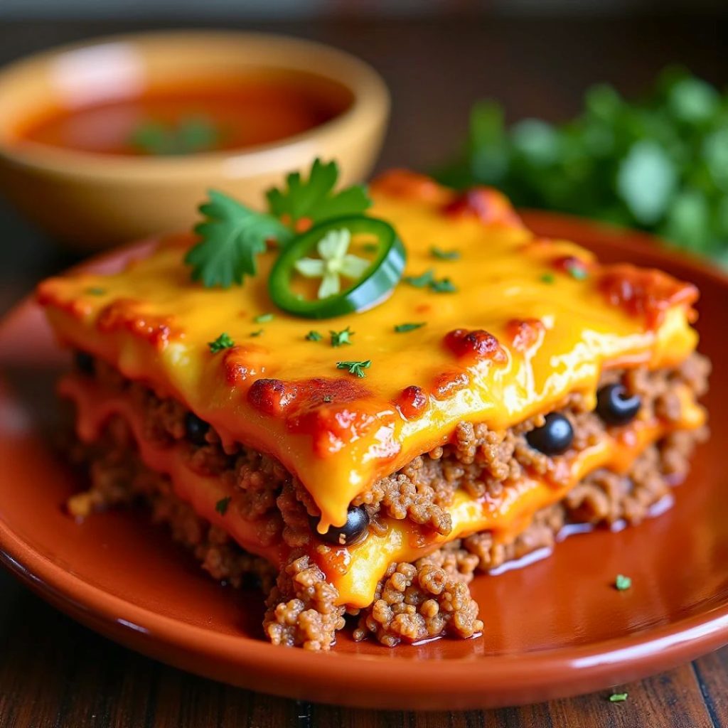 An appetizing dish of Mexican lasagna, showcasing vibrant layers of tortillas, seasoned ground meat, melted cheese, beans, and colorful toppings like diced tomatoes, cilantro, and sliced jalapeños—a flavorful fusion of Mexican cuisine classics.