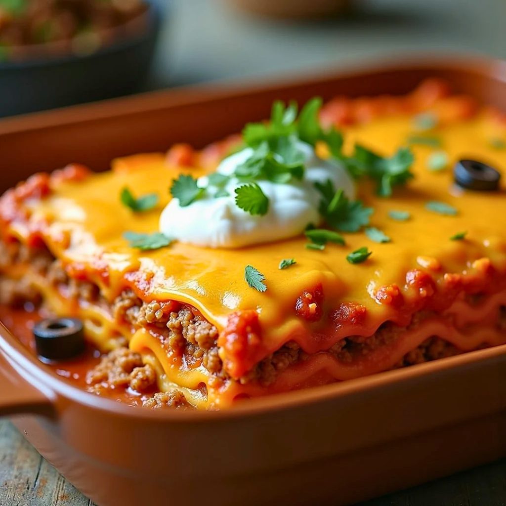 An appetizing dish of Mexican lasagna, showcasing vibrant layers of tortillas, seasoned ground meat, melted cheese, beans, and colorful toppings like diced tomatoes, cilantro, and sliced jalapeños—a flavorful fusion of Mexican cuisine classics.