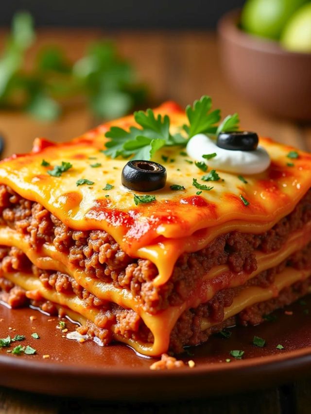 An appetizing dish of Mexican lasagna, showcasing vibrant layers of tortillas, seasoned ground meat, melted cheese, beans, and colorful toppings like diced tomatoes, cilantro, and sliced jalapeños—a flavorful fusion of Mexican cuisine classics.