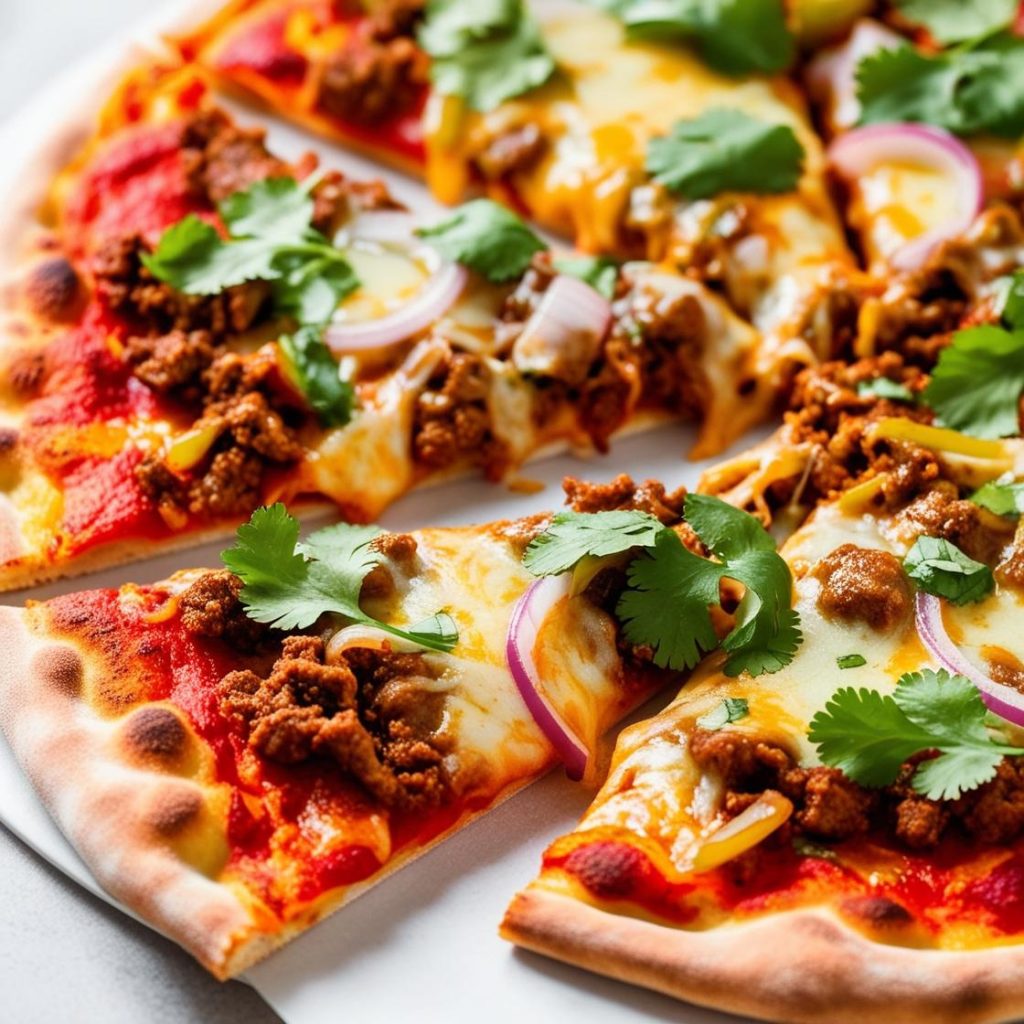 An appetizing Mexican pizza topped with vibrant ingredients like seasoned ground meat, melted cheese, diced tomatoes, green onions, and a dollop of sour cream, all layered on a crispy tortilla base.