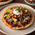 An appetizing Mexican pizza topped with vibrant ingredients like seasoned ground meat, melted cheese, diced tomatoes, green onions, and a dollop of sour cream, all layered on a crispy tortilla base.