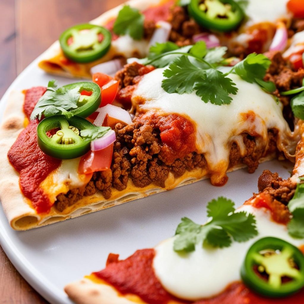 An appetizing Mexican pizza topped with vibrant ingredients like seasoned ground meat, melted cheese, diced tomatoes, green onions, and a dollop of sour cream, all layered on a crispy tortilla base.