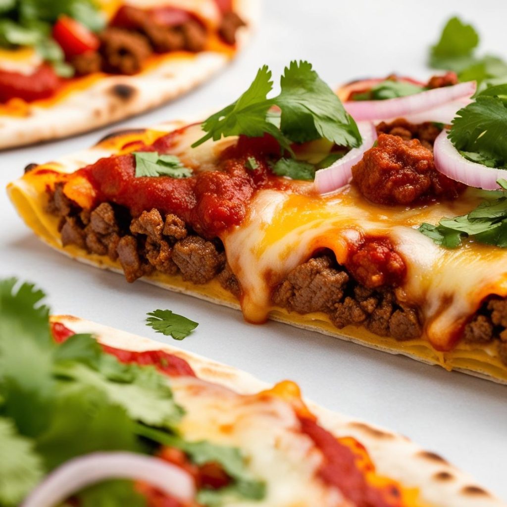 An appetizing Mexican pizza topped with vibrant ingredients like seasoned ground meat, melted cheese, diced tomatoes, green onions, and a dollop of sour cream, all layered on a crispy tortilla base.