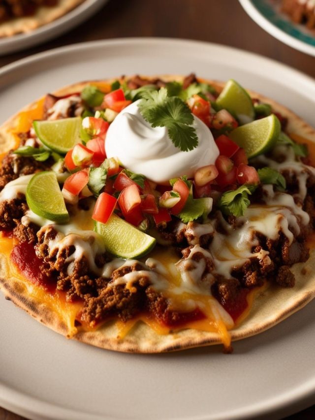 An appetizing Mexican pizza topped with vibrant ingredients like seasoned ground meat, melted cheese, diced tomatoes, green onions, and a dollop of sour cream, all layered on a crispy tortilla base.